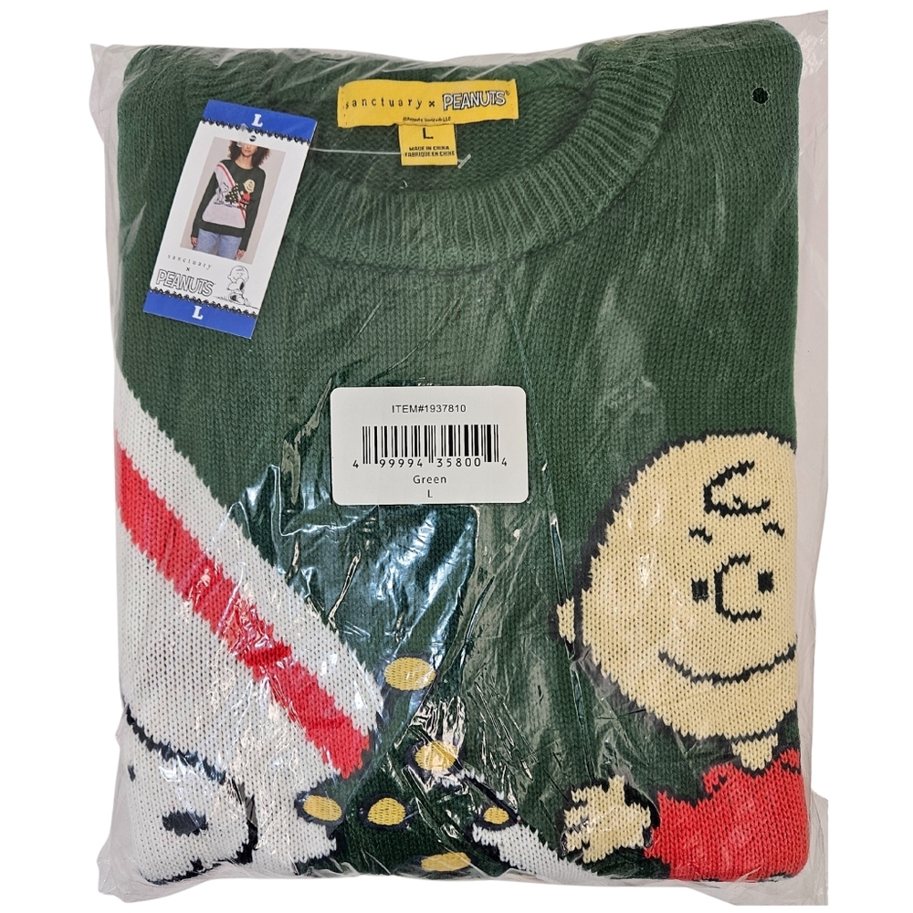 Peanuts by Sanctuary Sweater Women Green (Charlie Brown & Snoopy) Holiday NWT - Picture 2 of 3